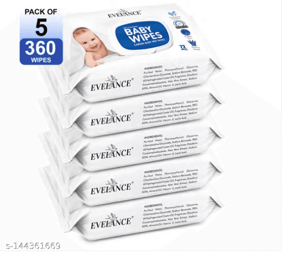 Soft Cleansing Baby Wipes with Aloe Vera, Almond Oil and Vitamin E Pack of 5 With Lid (360 Wipes)