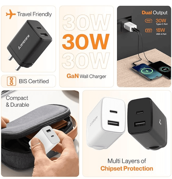Ambrane 30W Dual Port GaN Charger – USB & Type-C Fast Charging Adapter