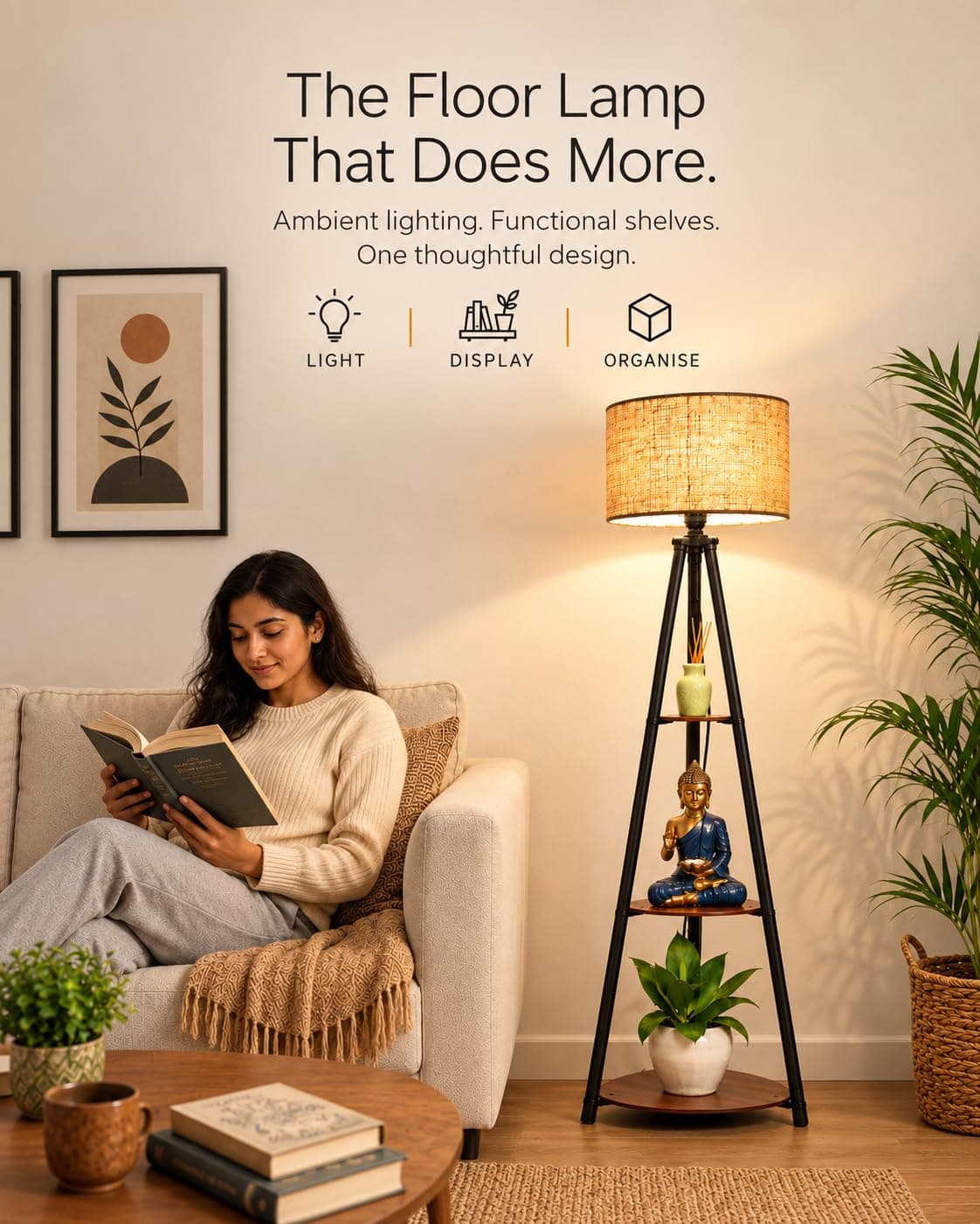 Crosscut Furniture LED Tripod Floor Lamp with 3 Shelves, Brown Jute