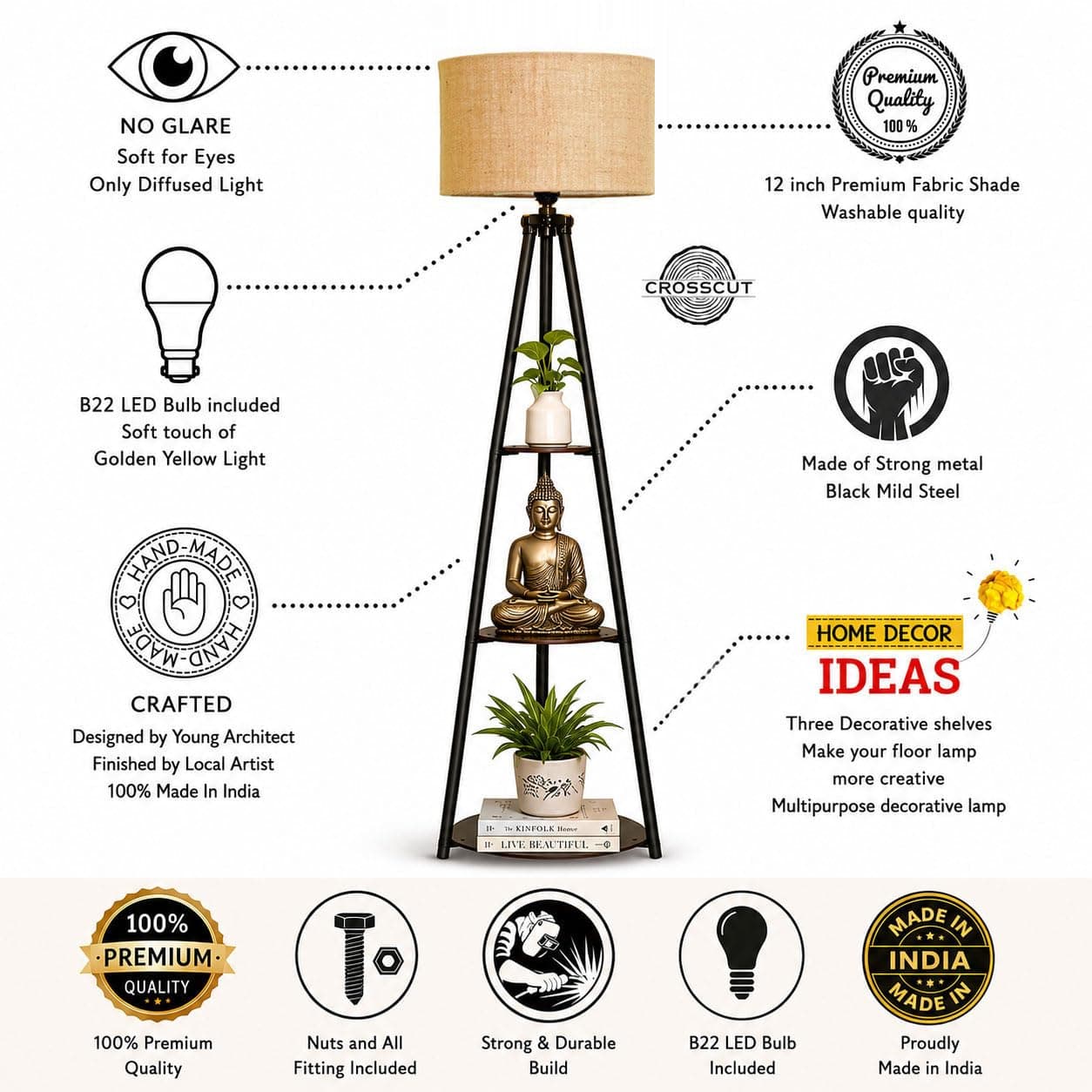 Crosscut Furniture LED Tripod Floor Lamp with 3 Shelves, Brown Jute