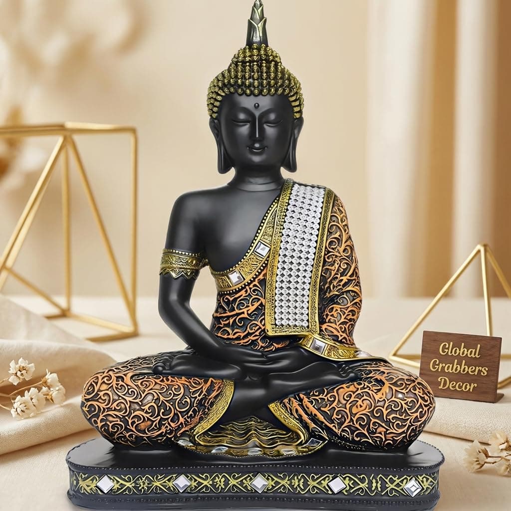 Global Grabbers 25 cm Meditating Sitting Buddha Idol Statue Showpiece, Orange Black