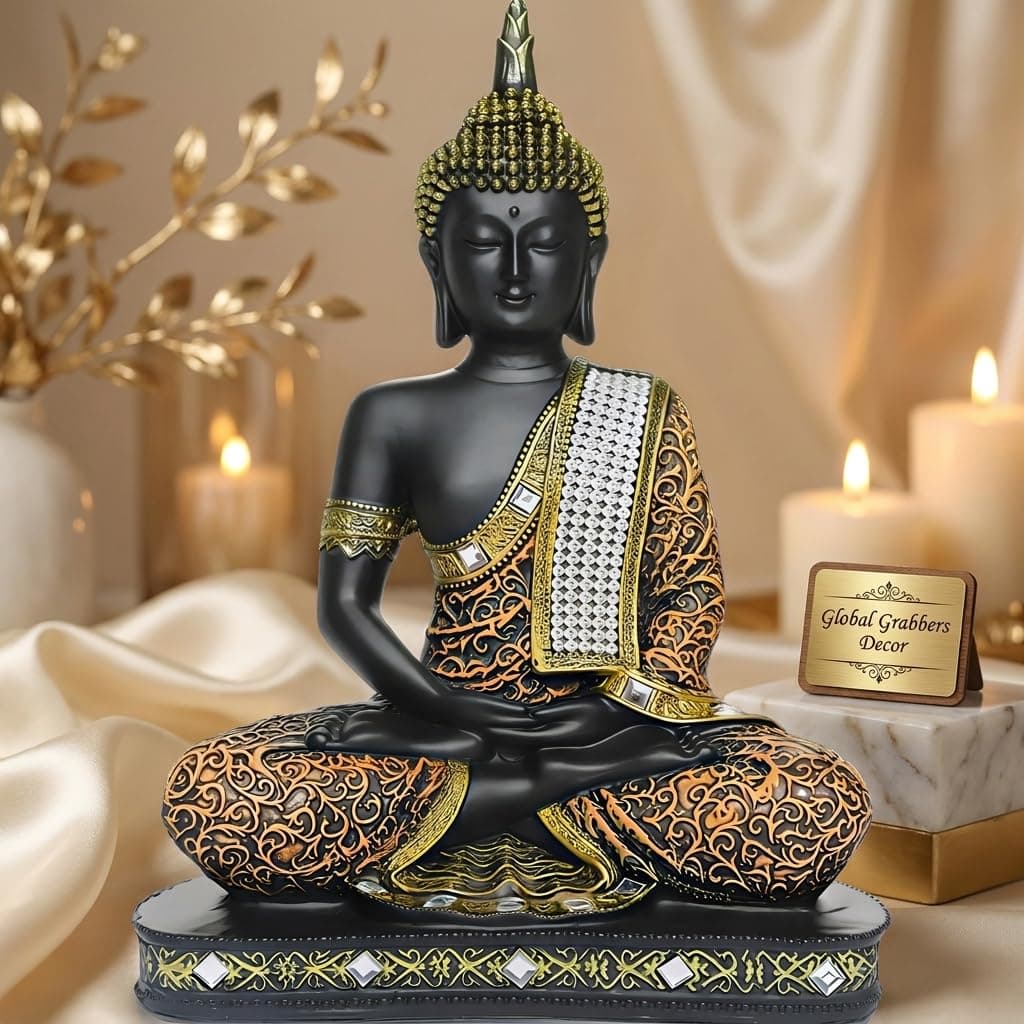 Global Grabbers 25 cm Meditating Sitting Buddha Idol Statue Showpiece, Orange Black