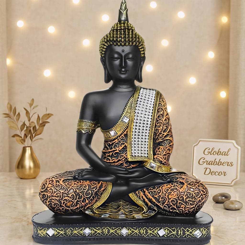 Global Grabbers 25 cm Meditating Sitting Buddha Idol Statue Showpiece, Orange Black