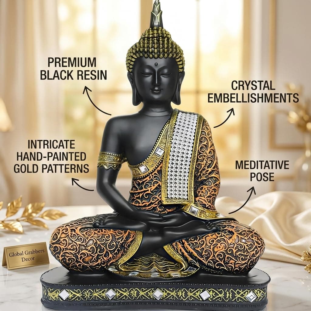 Global Grabbers 25 cm Meditating Sitting Buddha Idol Statue Showpiece, Orange Black