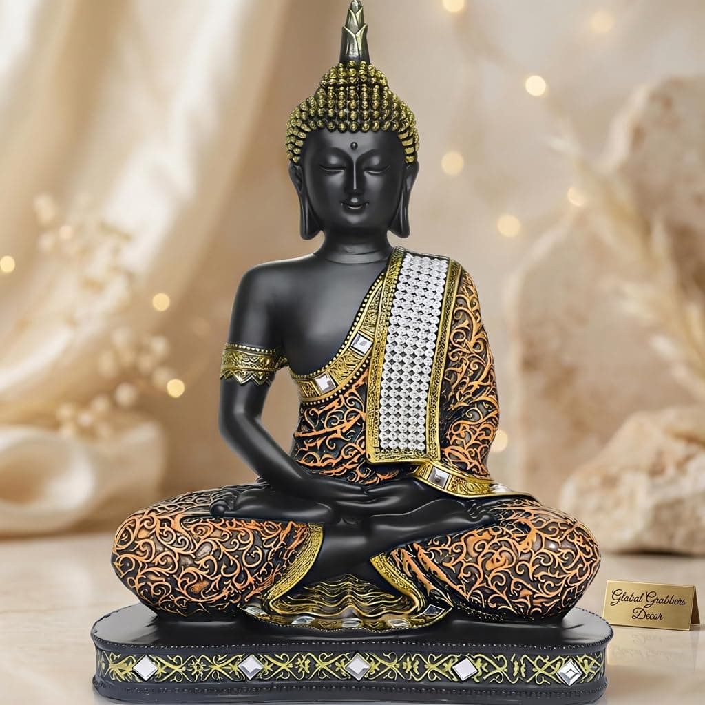 Global Grabbers 25 cm Meditating Sitting Buddha Idol Statue Showpiece, Orange Black