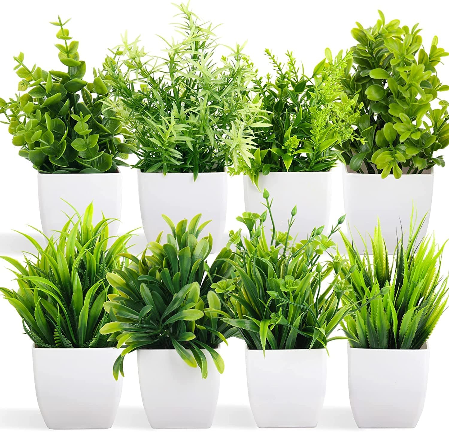 Dekorly Artificial Potted Eucalyptus Plants, Small Faux Indoor Houseplants, Set of 8