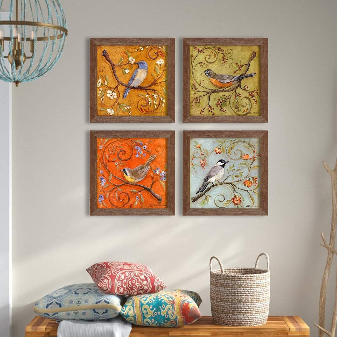 PAINTINGMANTRA Floral and Birds Framed Painting Set of 4, 9x9 Inch, Brown Frame