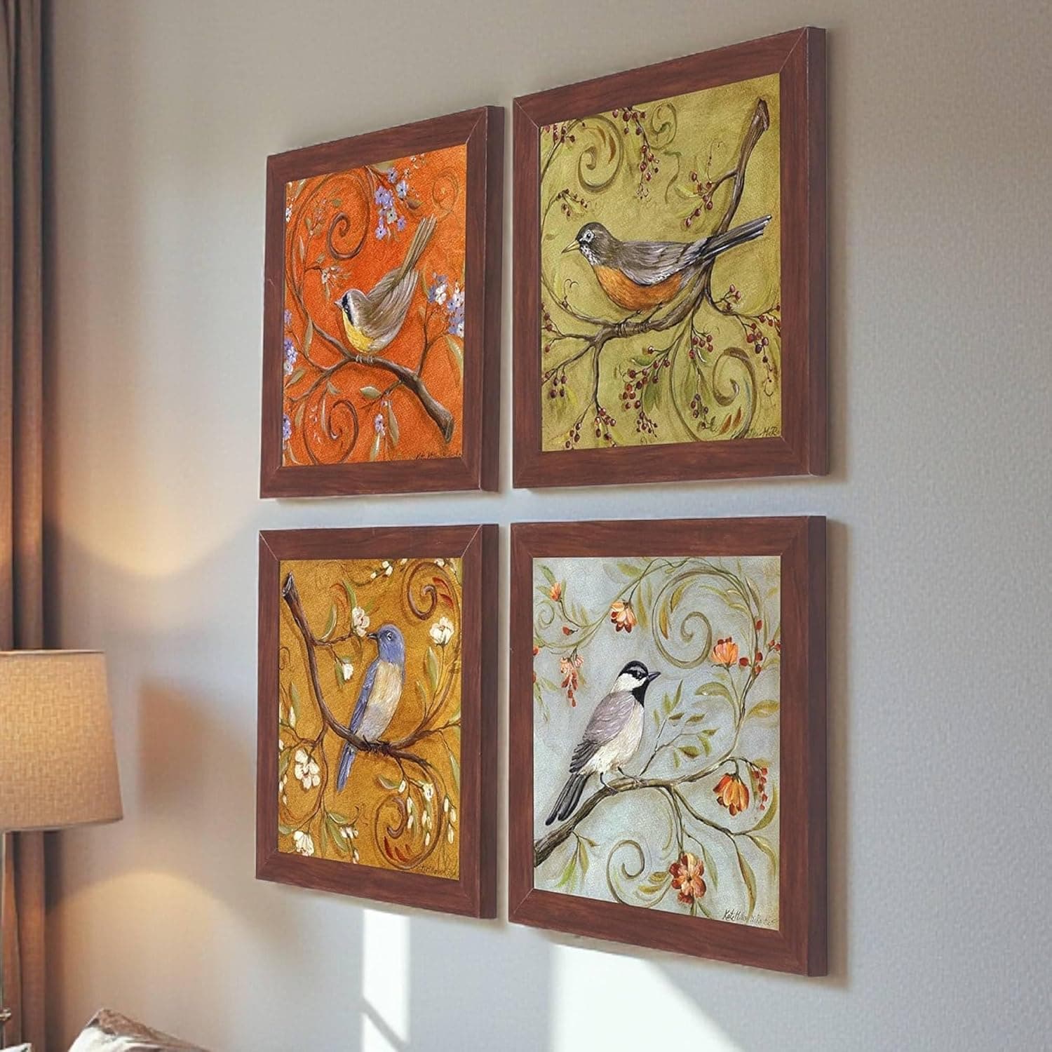 PAINTINGMANTRA Floral and Birds Framed Painting Set of 4, 9x9 Inch, Brown Frame