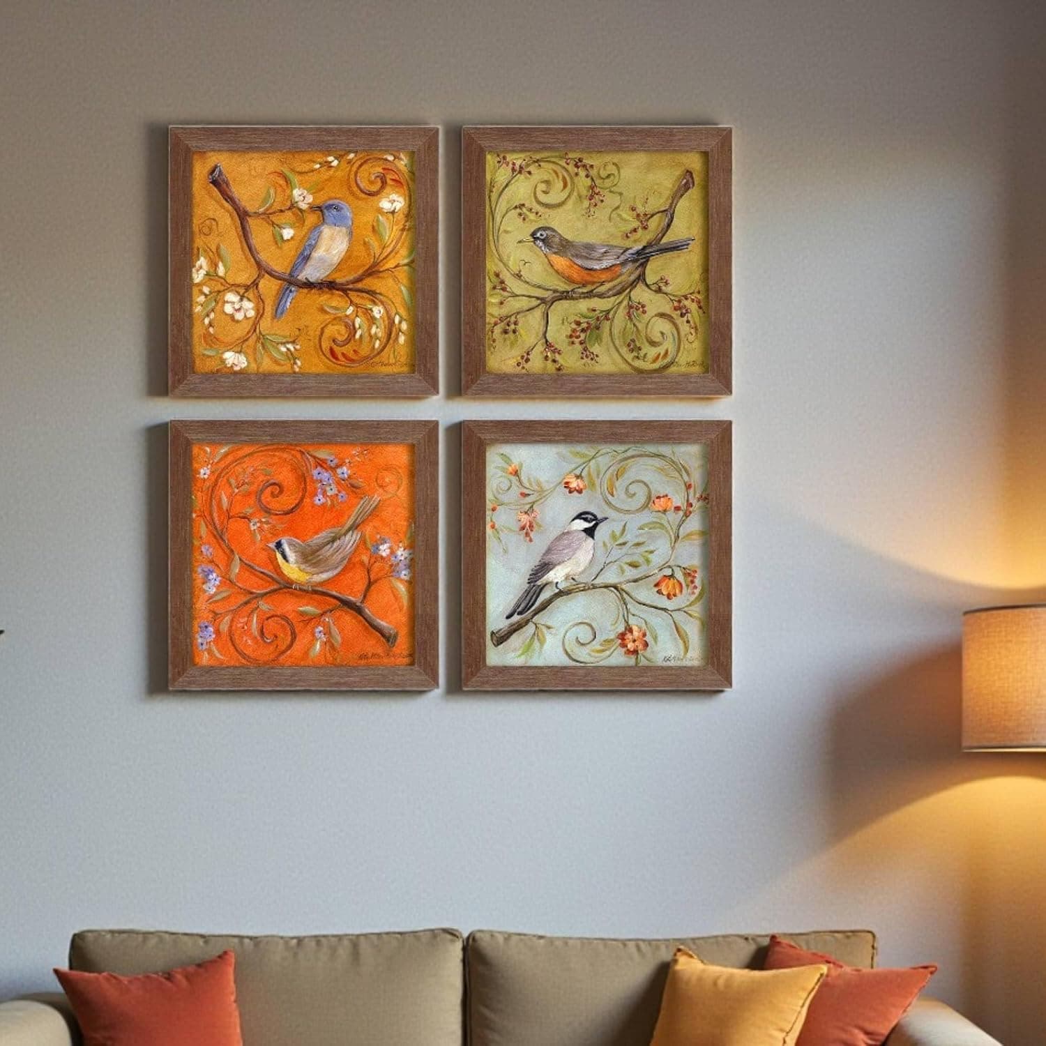 PAINTINGMANTRA Floral and Birds Framed Painting Set of 4, 9x9 Inch, Brown Frame