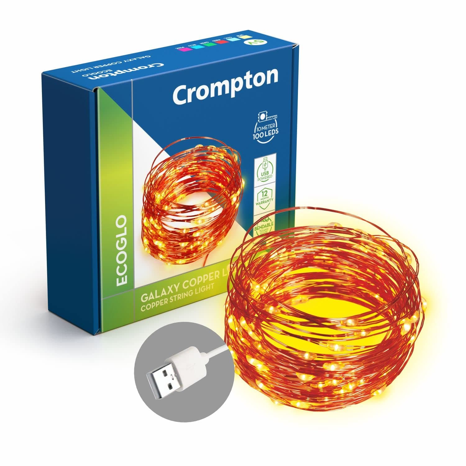 Crompton Galaxy USB Powered String Fairy Lights, 100 LED, 10 Metres, Warm White