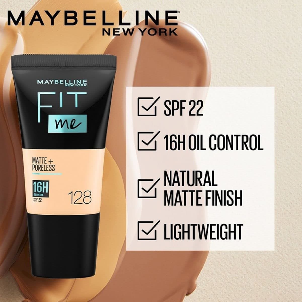 Maybelline New York Fit Me Matte + Poreless Liquid Foundation, 128 Warm Nude, 18ml