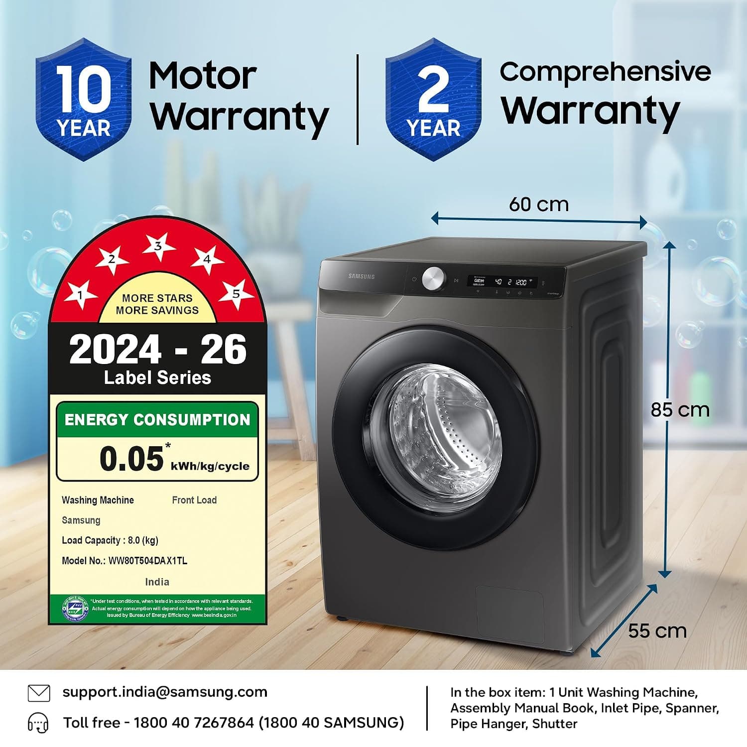 Samsung 8 Kg 5 Star Front Load Washing Machine, AI Ecobubble, WW80T504DAX1TL, Inox
