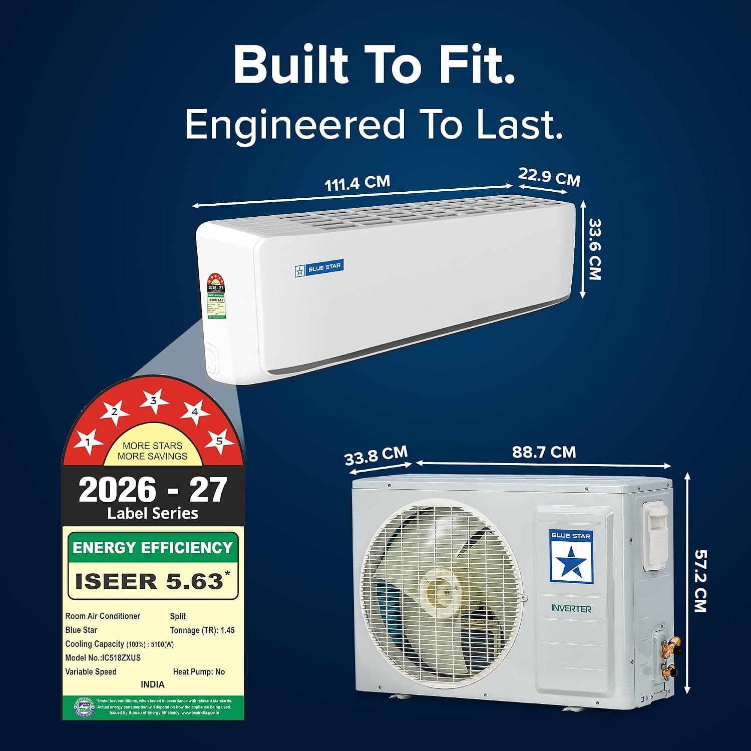 Blue Star 1.45 Ton 5 Star Inverter Split AC, DigiQ Hepta Sensor, Wi-Fi Smart (Copper, White)