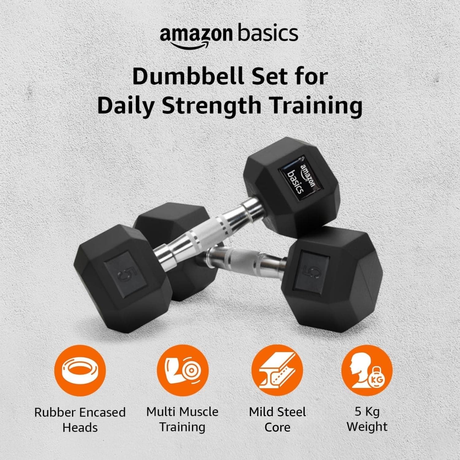 Amazon Basics Rubber Encased Hex Dumbbell Set of 2 (5 kg Each)