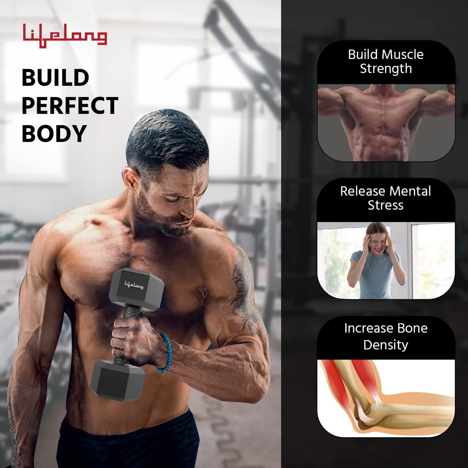 Lifelong PVC Hex Dumbbells Pack of 2 (5 kg x 2) for Home Gym