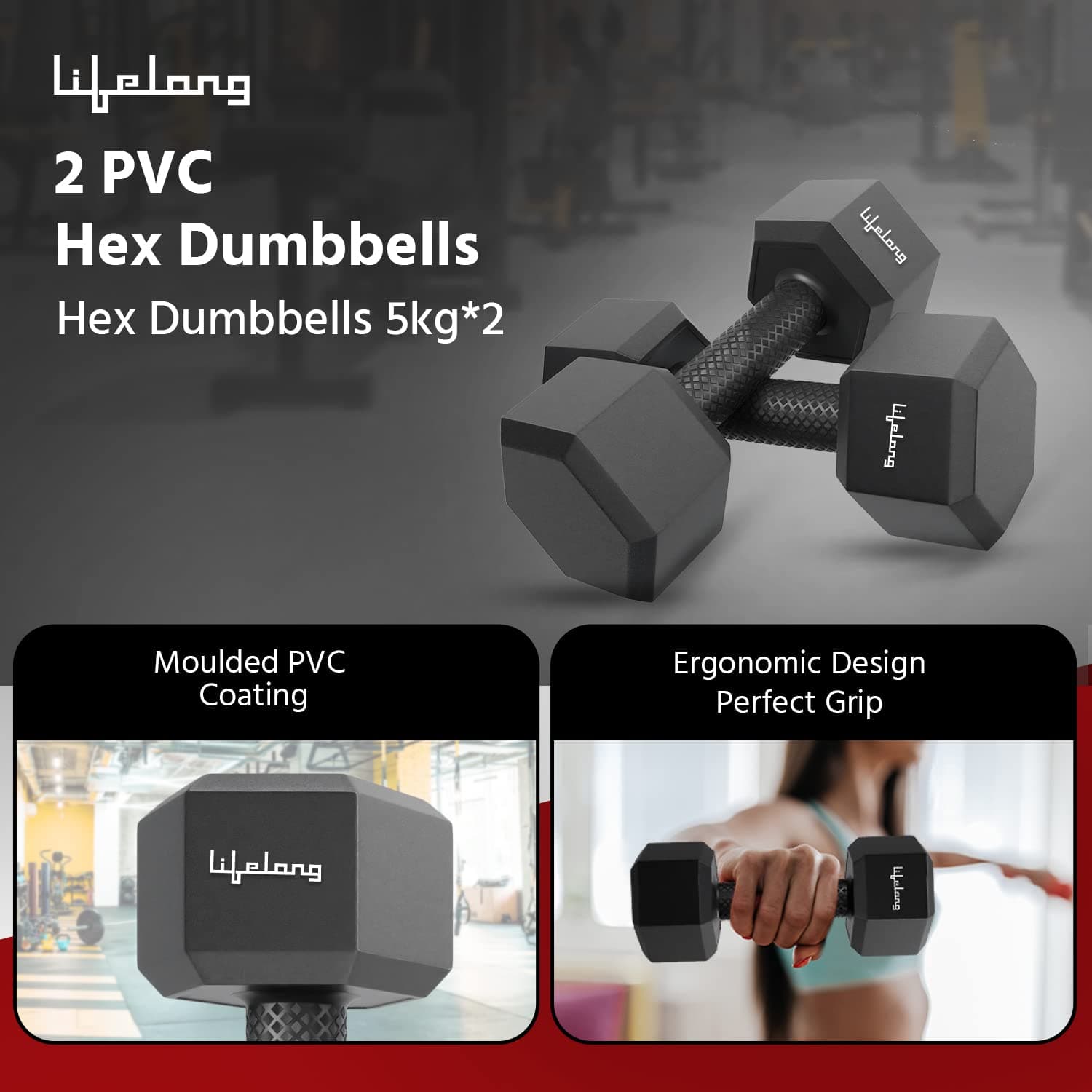 Lifelong PVC Hex Dumbbells Pack of 2 (5 kg x 2) for Home Gym