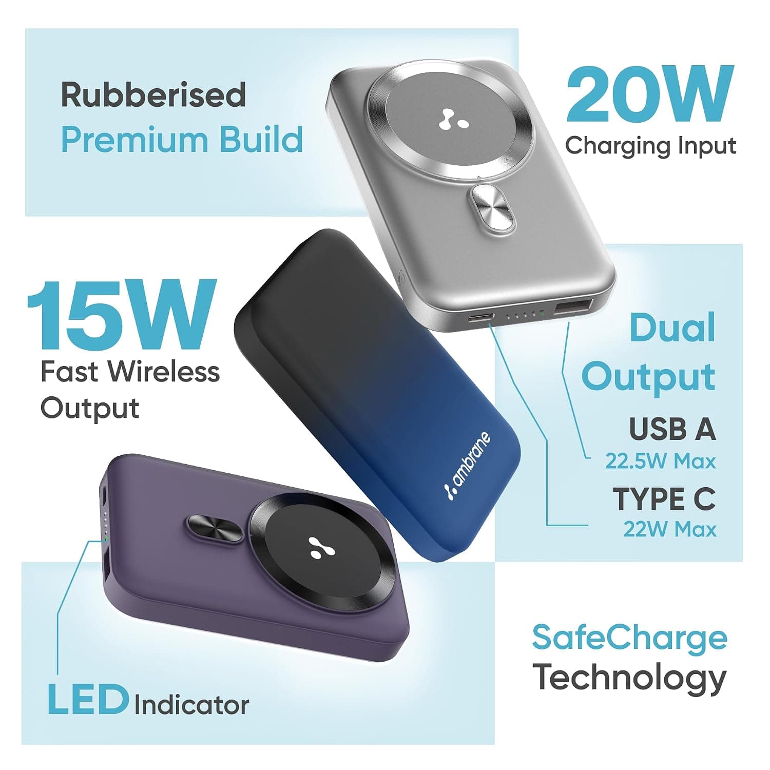Ambrane MagSafe Wireless 10000mAh 22.5W Fast Charging Power Bank