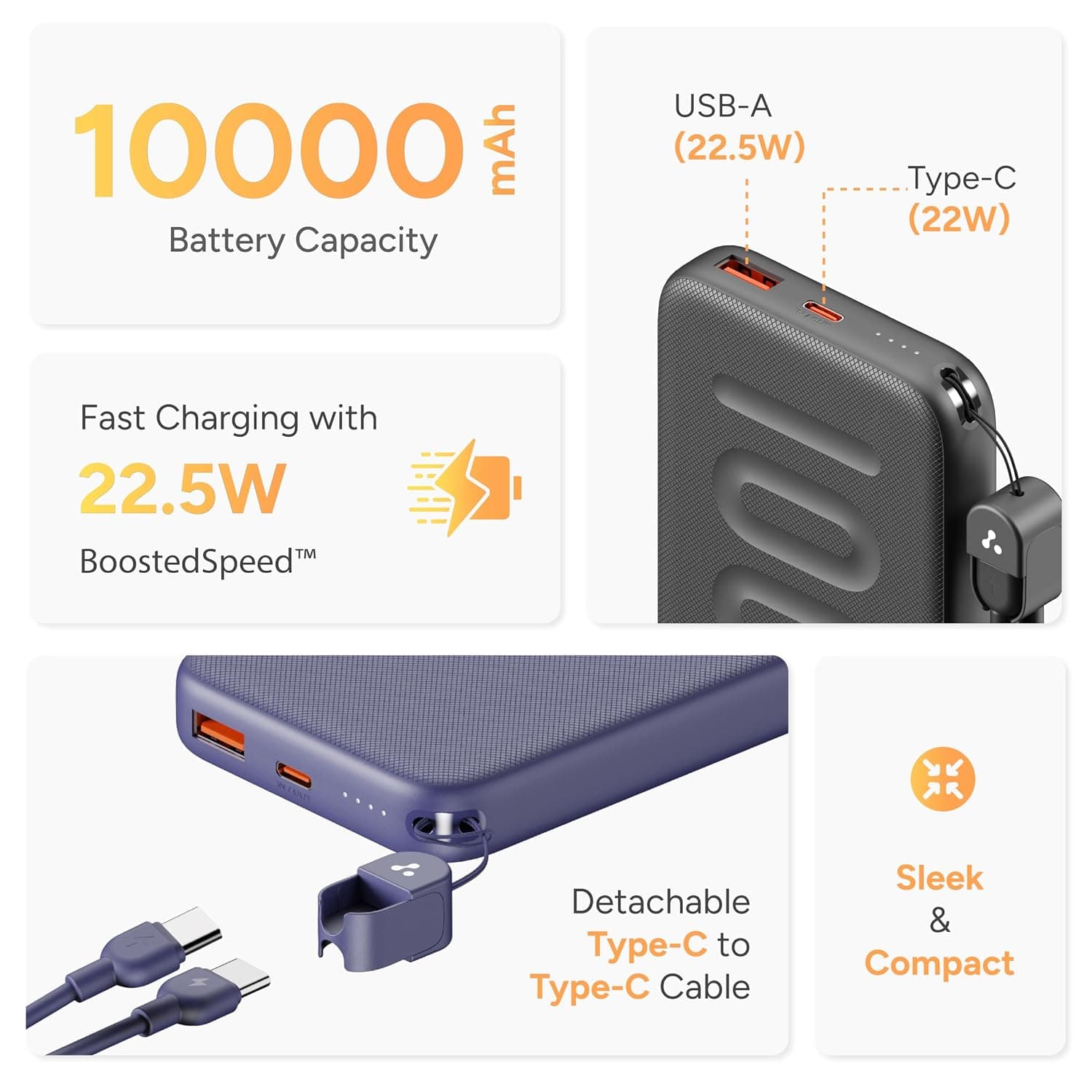 Ambrane 10000mAh Slim Power Bank with In-Built Type-C Cable 22.5W