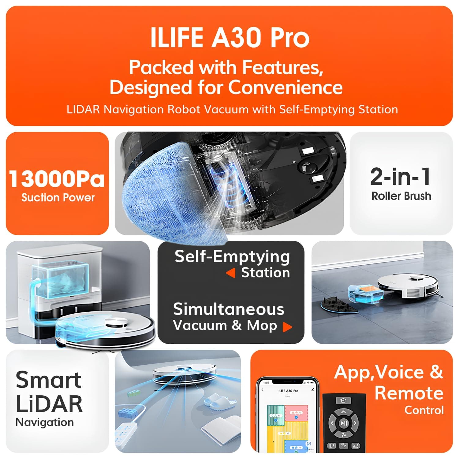 ILIFE A30 Pro Robot Vacuum Cleaner with LiDAR Navigation, Self-Empty Station, 13000Pa