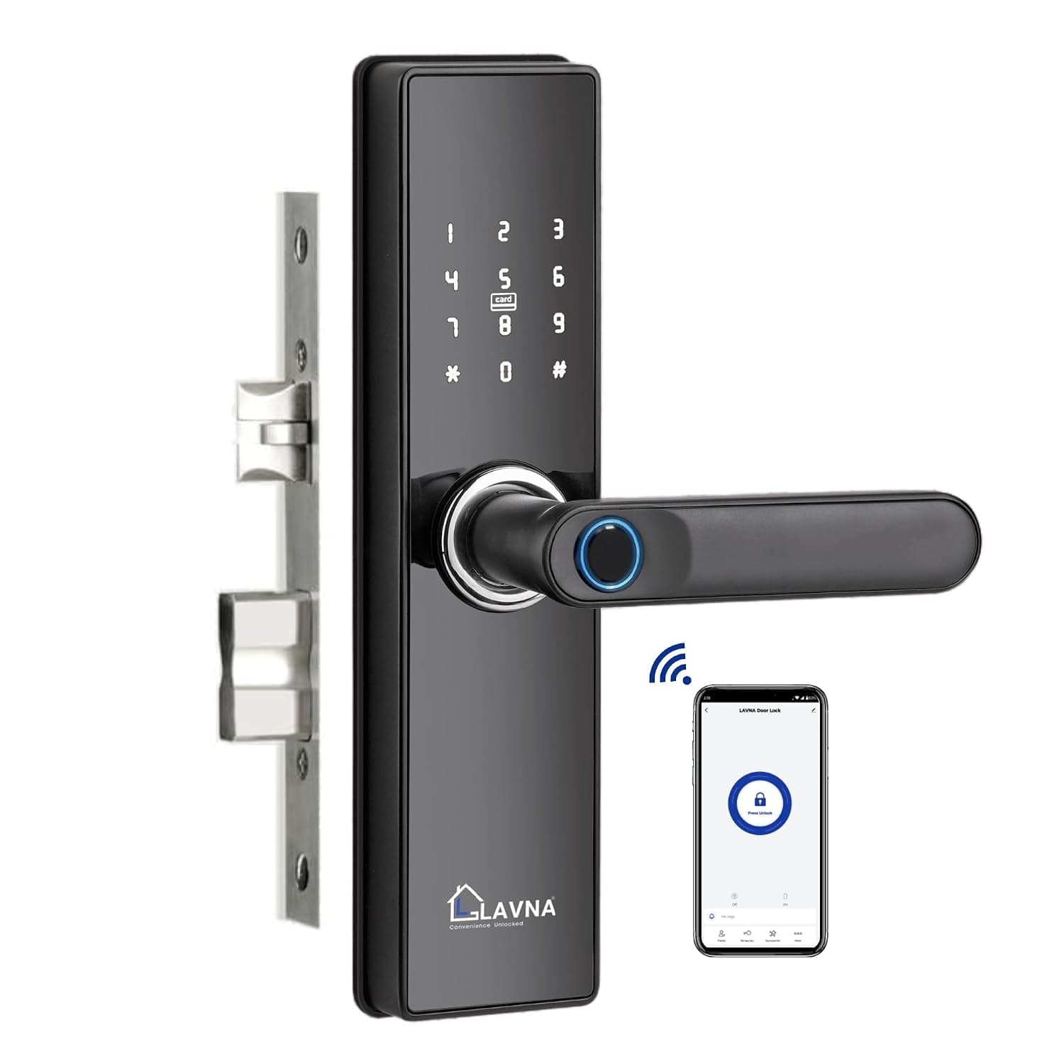 LAVNA Smart Wi-Fi Door Lock, 7-Way Unlock (Fingerprint, App, RFID Card, OTP, PIN, Key)