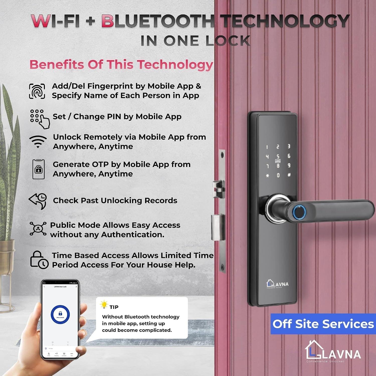 LAVNA Smart Wi-Fi Door Lock, 7-Way Unlock (Fingerprint, App, RFID Card, OTP, PIN, Key)