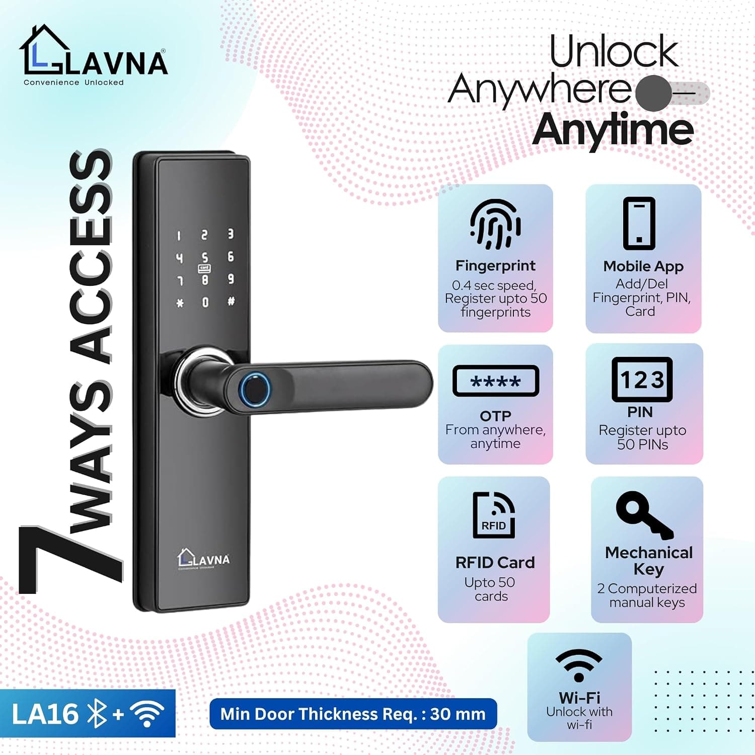 LAVNA Smart Wi-Fi Door Lock, 7-Way Unlock (Fingerprint, App, RFID Card, OTP, PIN, Key)