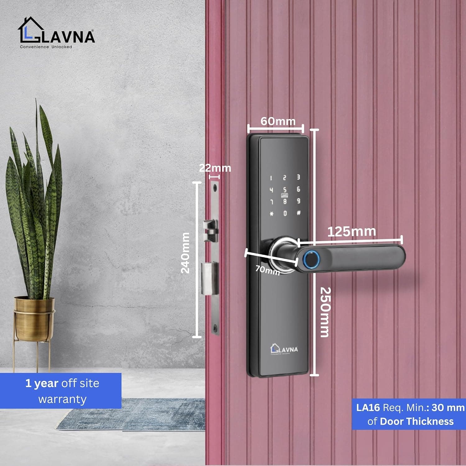 LAVNA Smart Wi-Fi Door Lock, 7-Way Unlock (Fingerprint, App, RFID Card, OTP, PIN, Key)