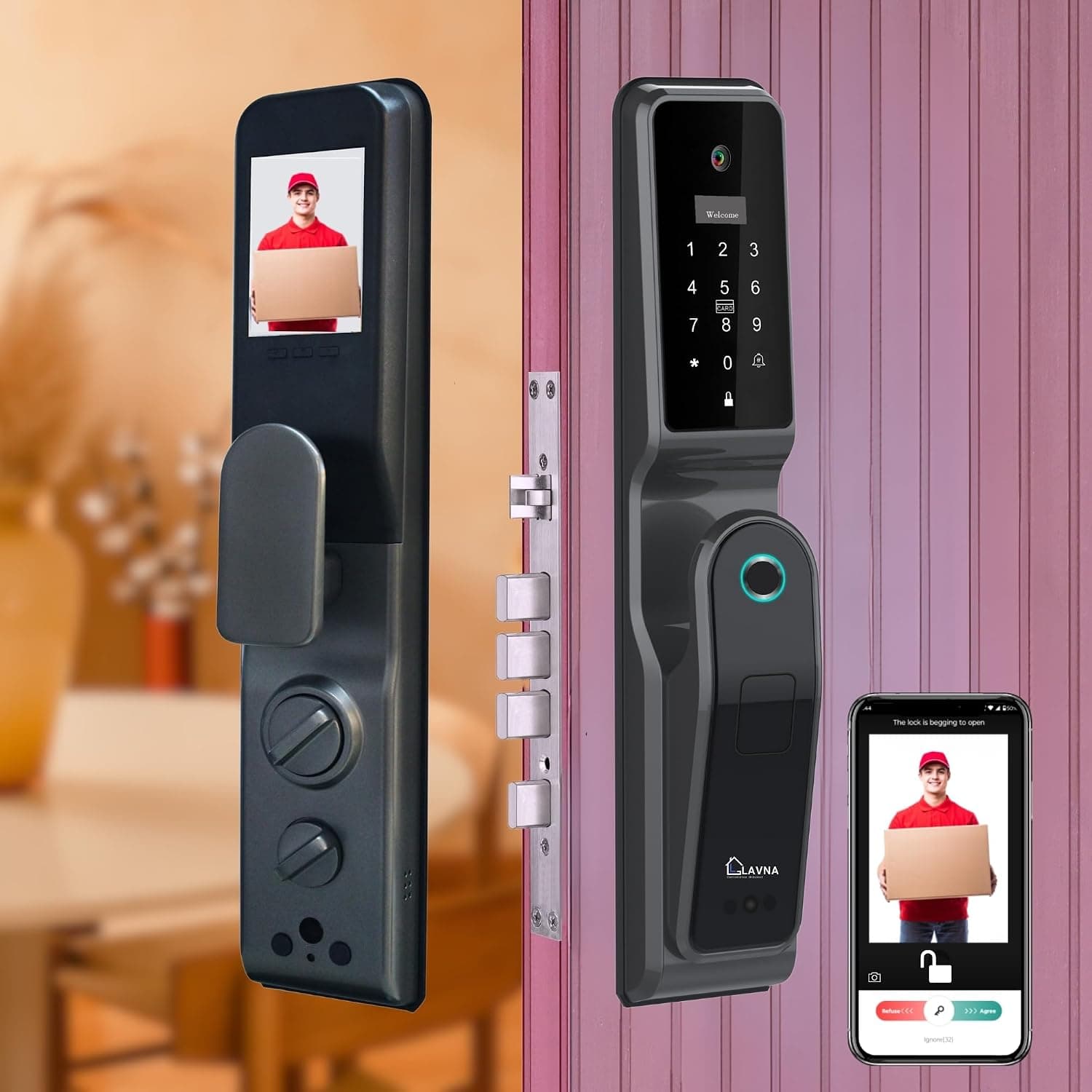 LAVNA LA44 8-Way Smart Door Lock with Camera, Face Recognition, RFID, OTP, PIN & WiFi