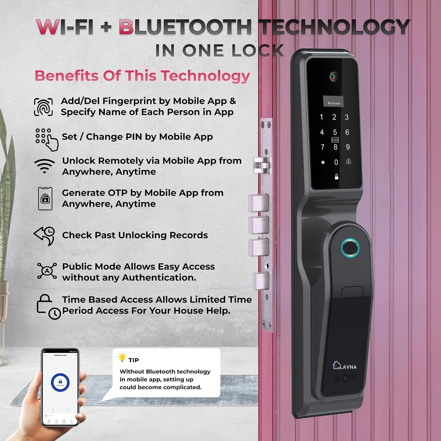 LAVNA LA44 8-Way Smart Door Lock with Camera, Face Recognition, RFID, OTP, PIN & WiFi