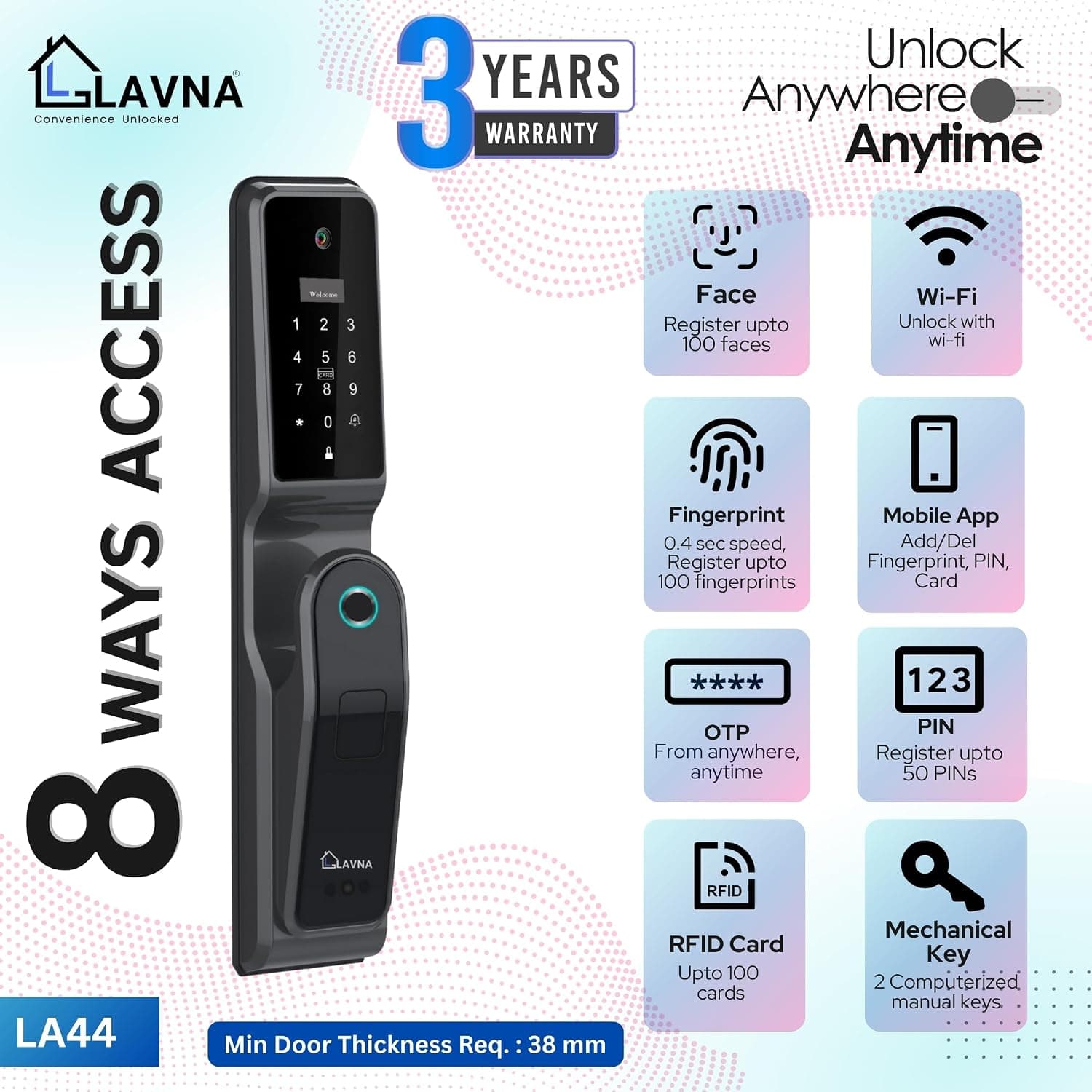 LAVNA LA44 8-Way Smart Door Lock with Camera, Face Recognition, RFID, OTP, PIN & WiFi