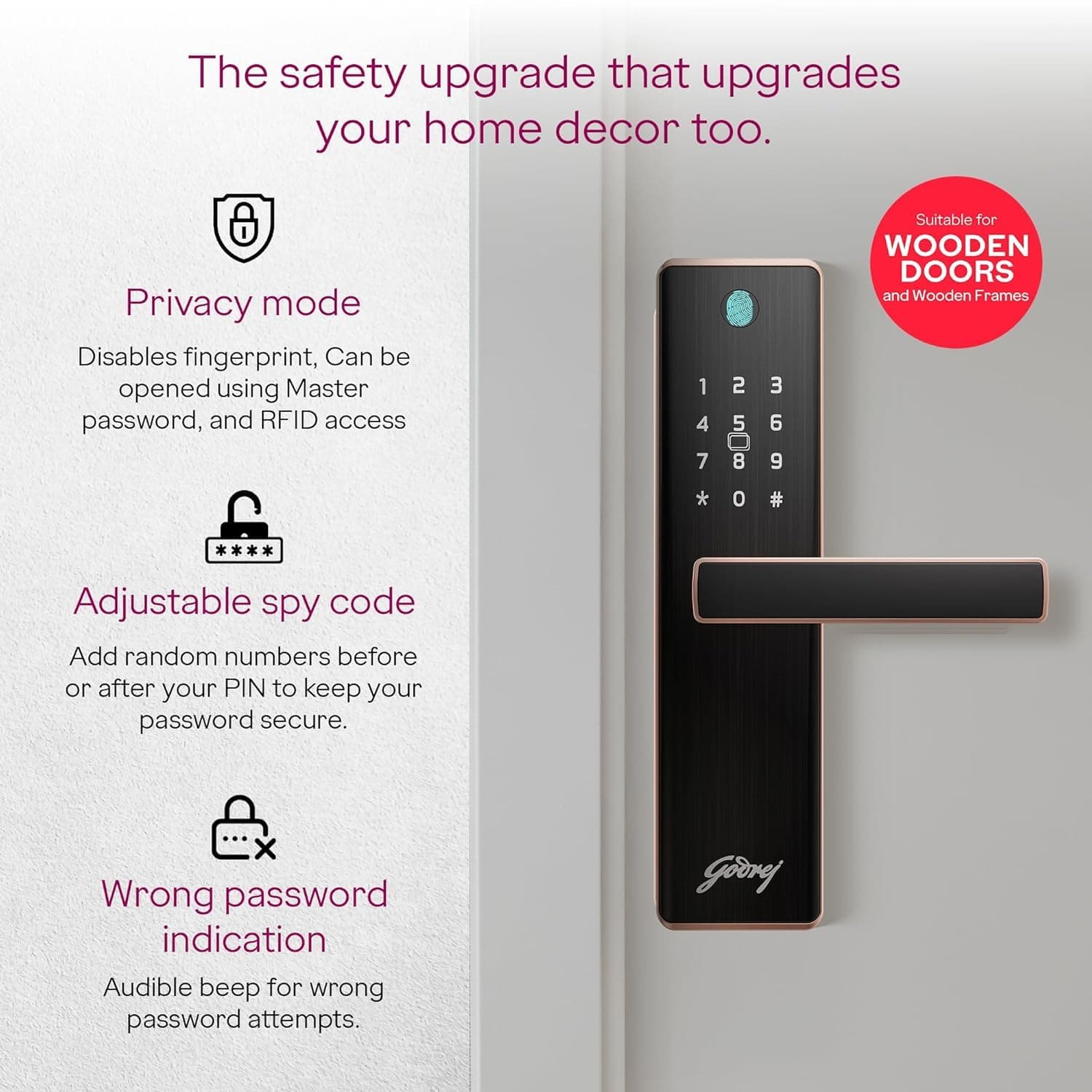 Godrej Neo Prime Digital Lock for Wooden Door With Fingerprint, PIN, RFID Card & Mechanical Key