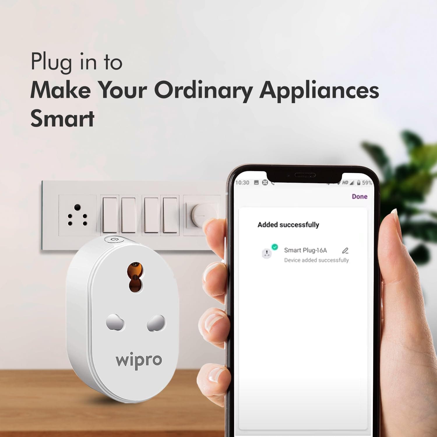 Wipro 16A Wi-Fi Smart Plug with Energy Monitoring — App, Alexa & Google Control