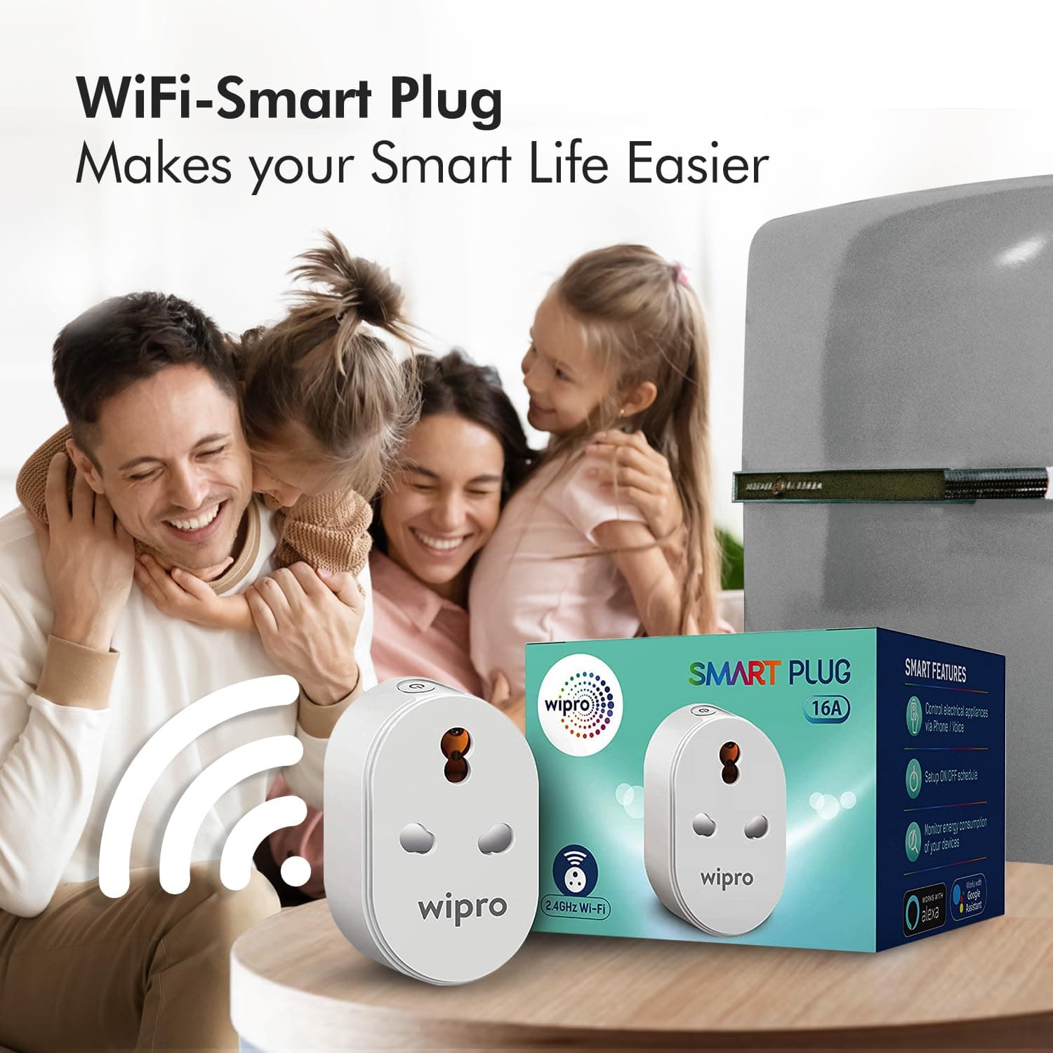 Wipro 16A Wi-Fi Smart Plug with Energy Monitoring — App, Alexa & Google Control