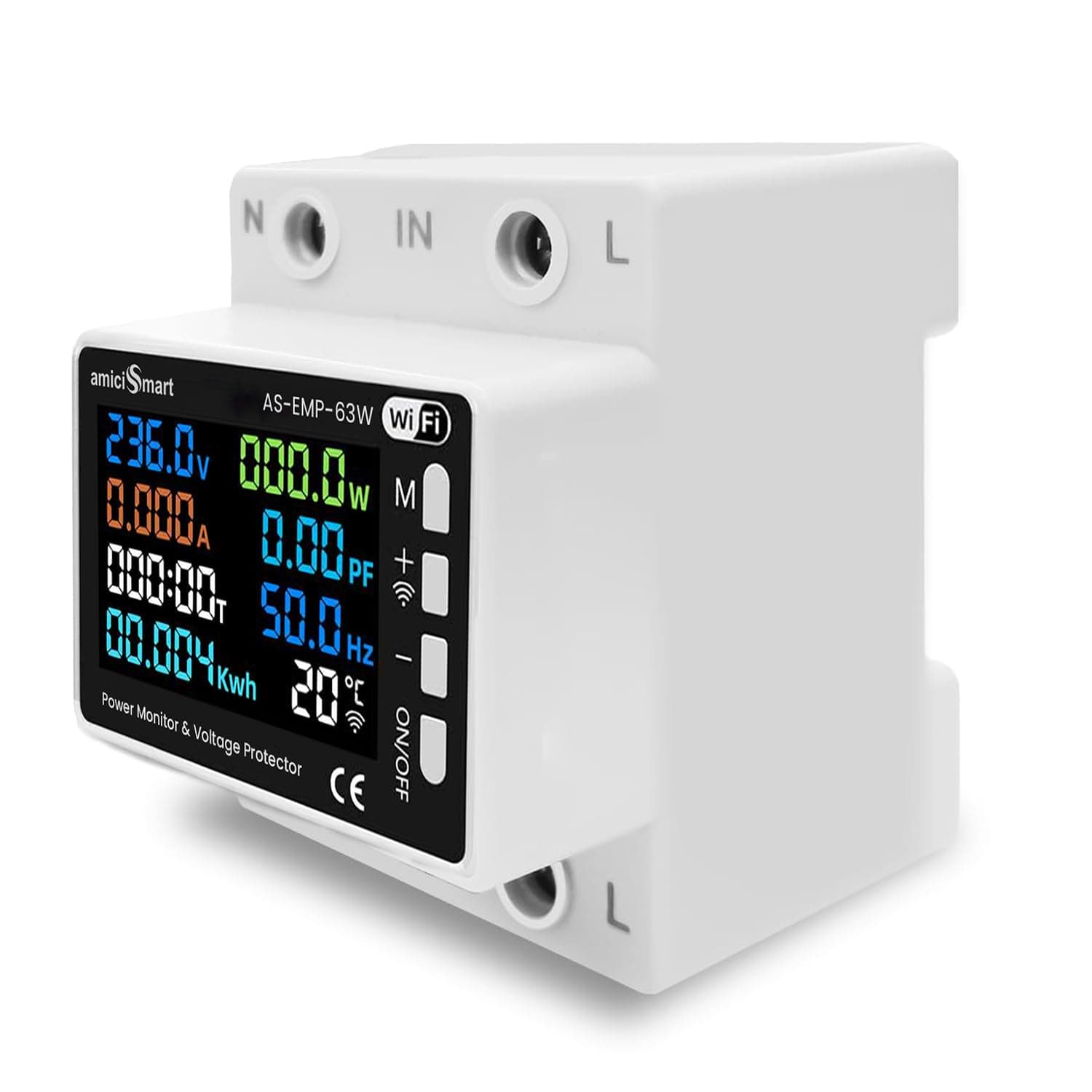 amiciSmart Wi-Fi 8-in-1 Digital Energy Meter — 63A, Real-Time Voltage, Current & Power Monitoring