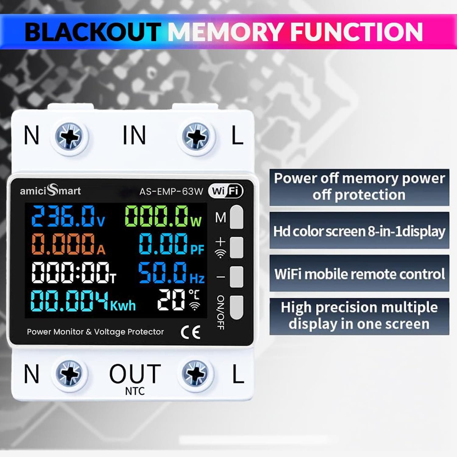 amiciSmart Wi-Fi 8-in-1 Digital Energy Meter — 63A, Real-Time Voltage, Current & Power Monitoring