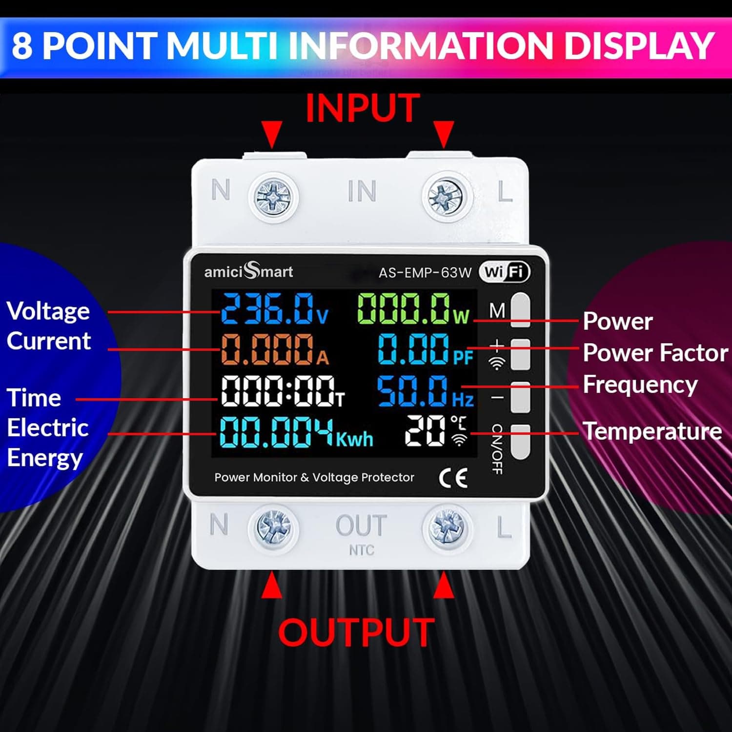 amiciSmart Wi-Fi 8-in-1 Digital Energy Meter — 63A, Real-Time Voltage, Current & Power Monitoring