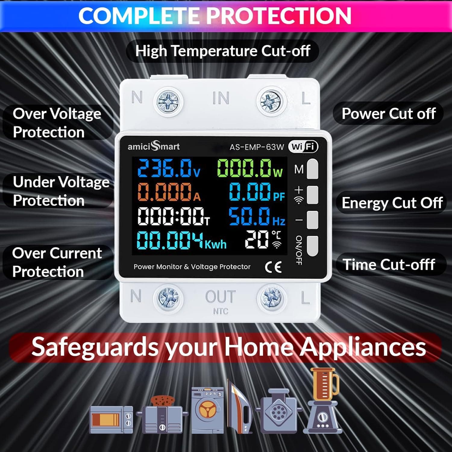 amiciSmart Wi-Fi 8-in-1 Digital Energy Meter — 63A, Real-Time Voltage, Current & Power Monitoring