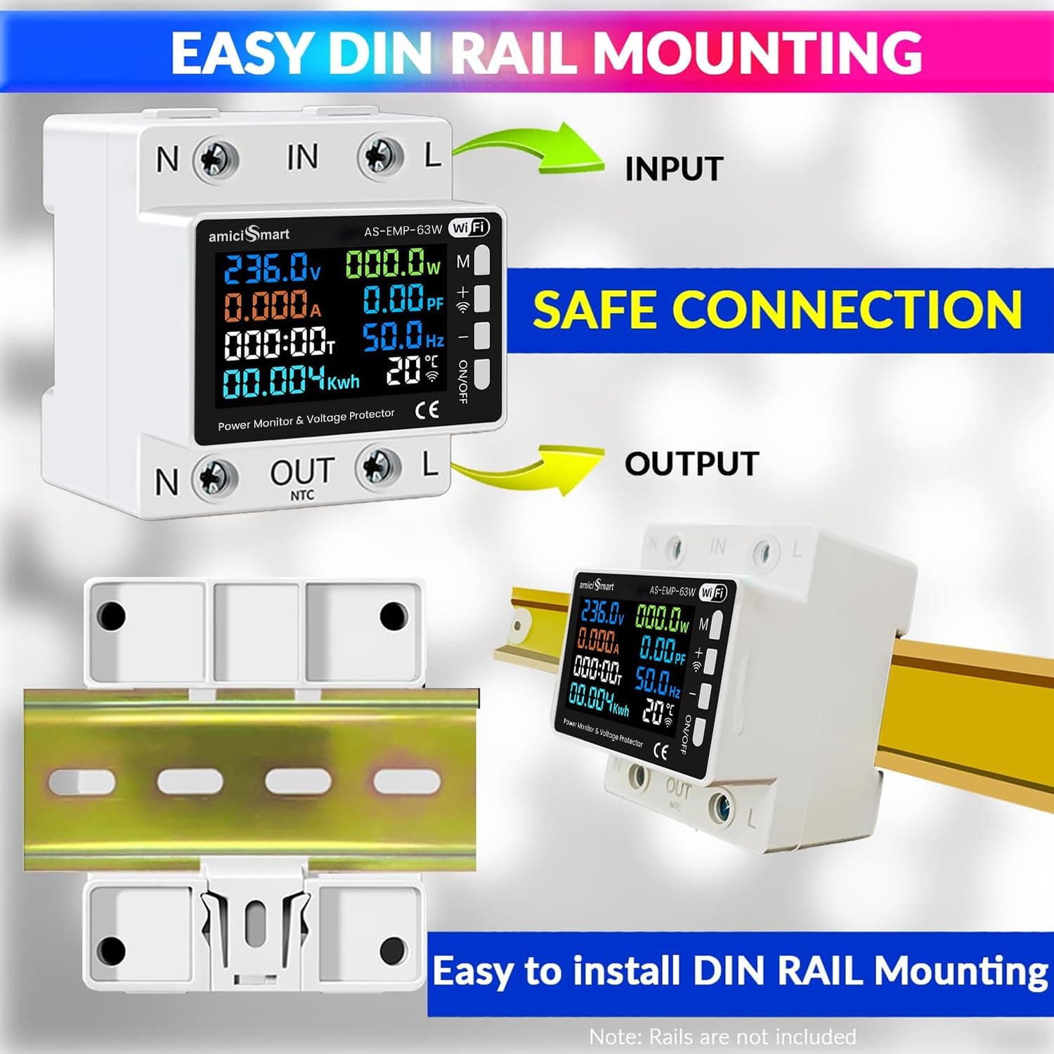 amiciSmart Wi-Fi 8-in-1 Digital Energy Meter — 63A, Real-Time Voltage, Current & Power Monitoring