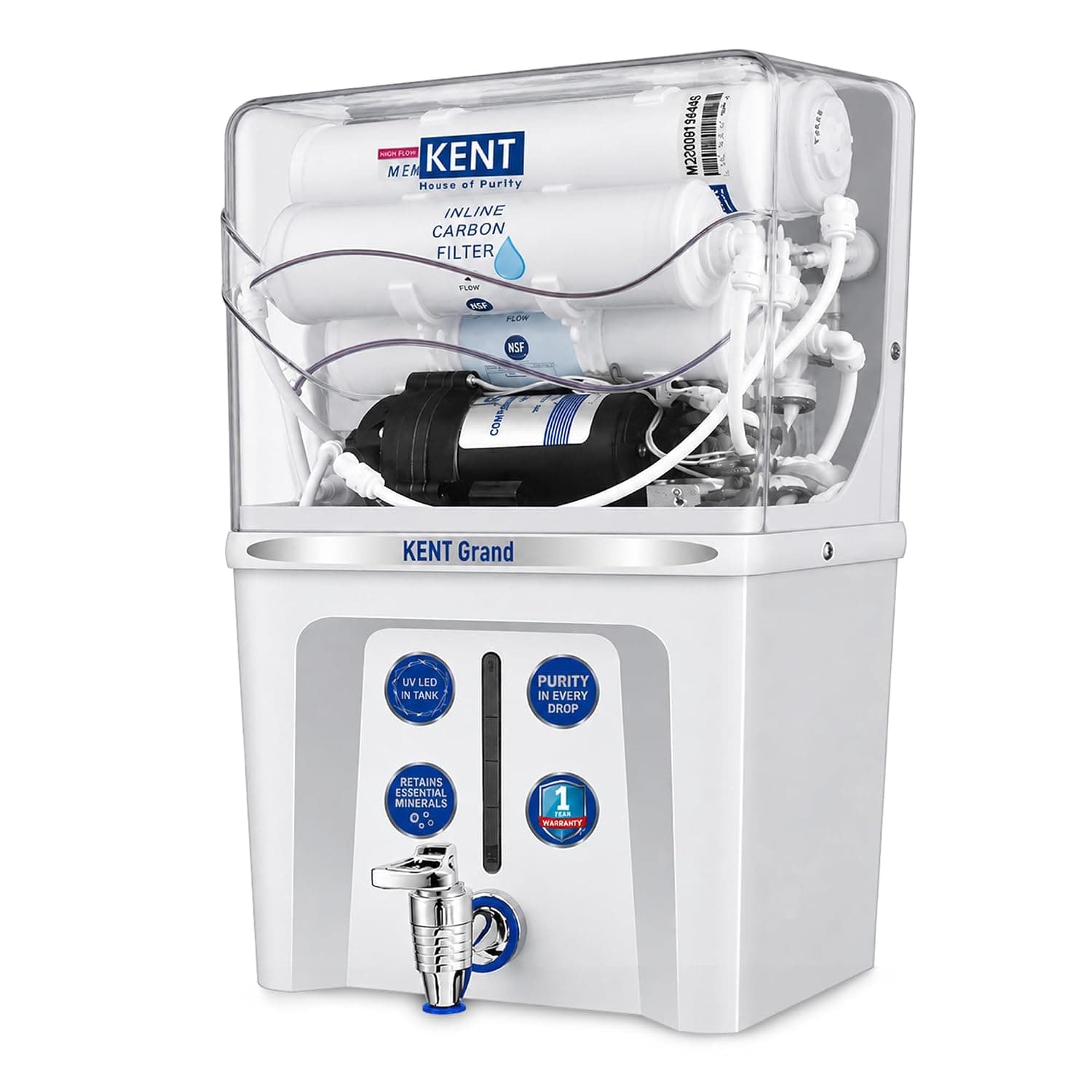 KENT Grand RO Water Purifier — RO + UF + TDS Control + UV LED Tank, 7.5L, 20 LPH