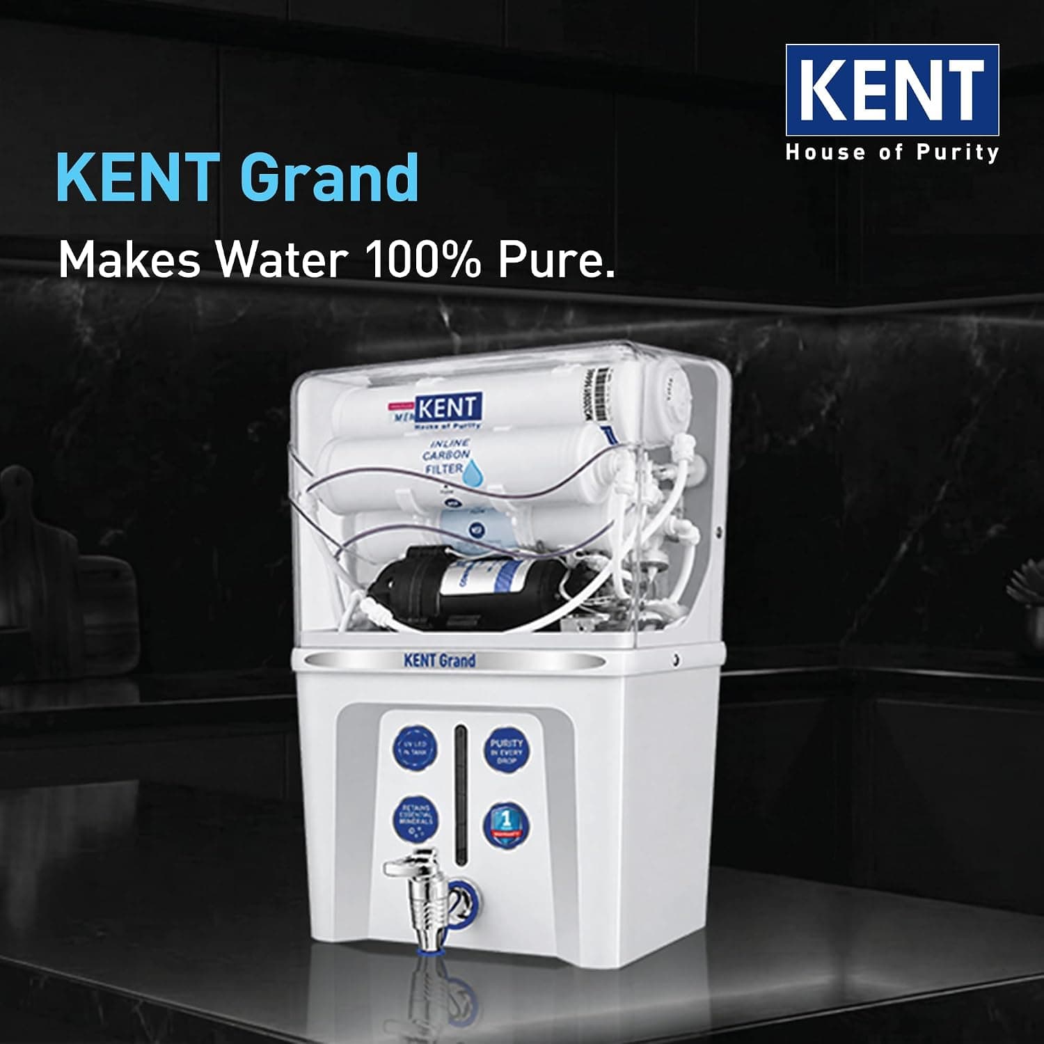 KENT Grand RO Water Purifier — RO + UF + TDS Control + UV LED Tank, 7.5L, 20 LPH