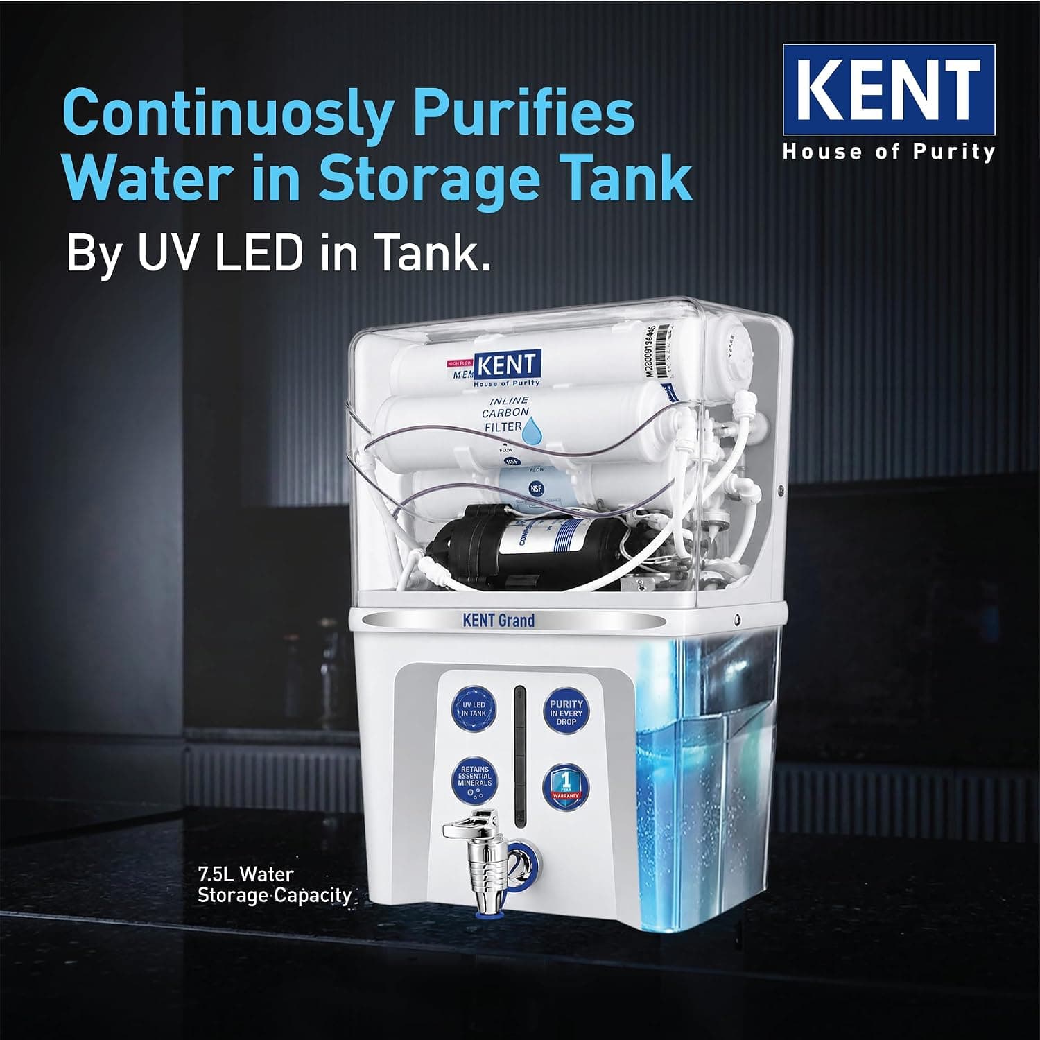 KENT Grand RO Water Purifier — RO + UF + TDS Control + UV LED Tank, 7.5L, 20 LPH