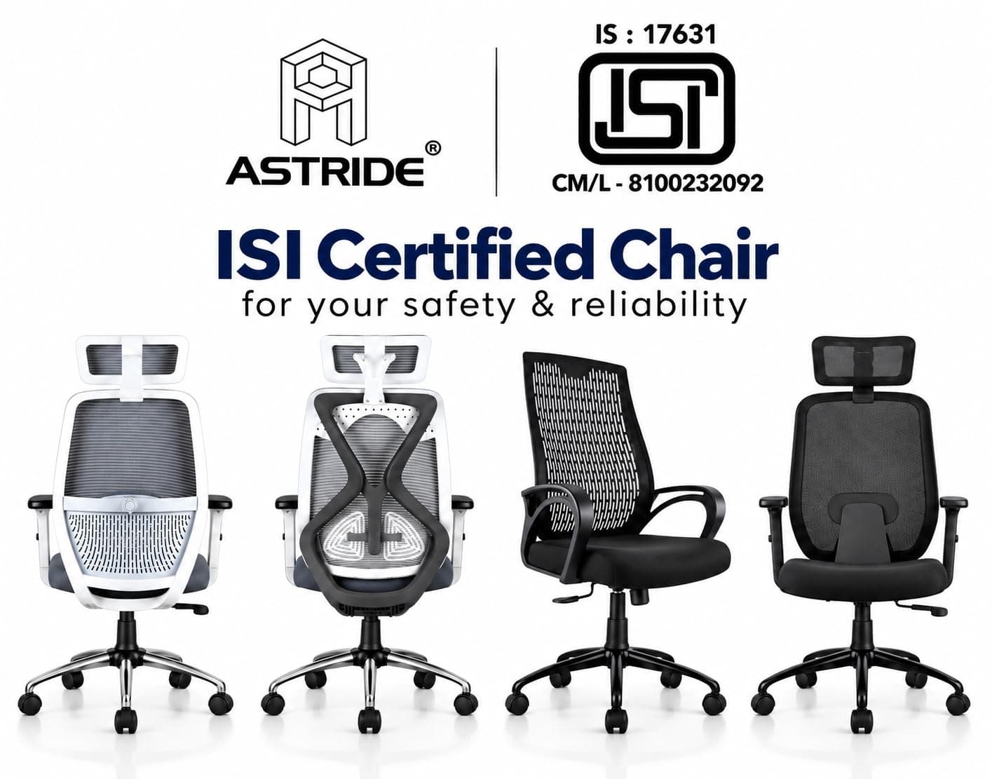 ASTRIDE Ergofit ISI Certified Ergonomic Office Chair — 2D Headrest, Adjustable Arms & Lumbar Support