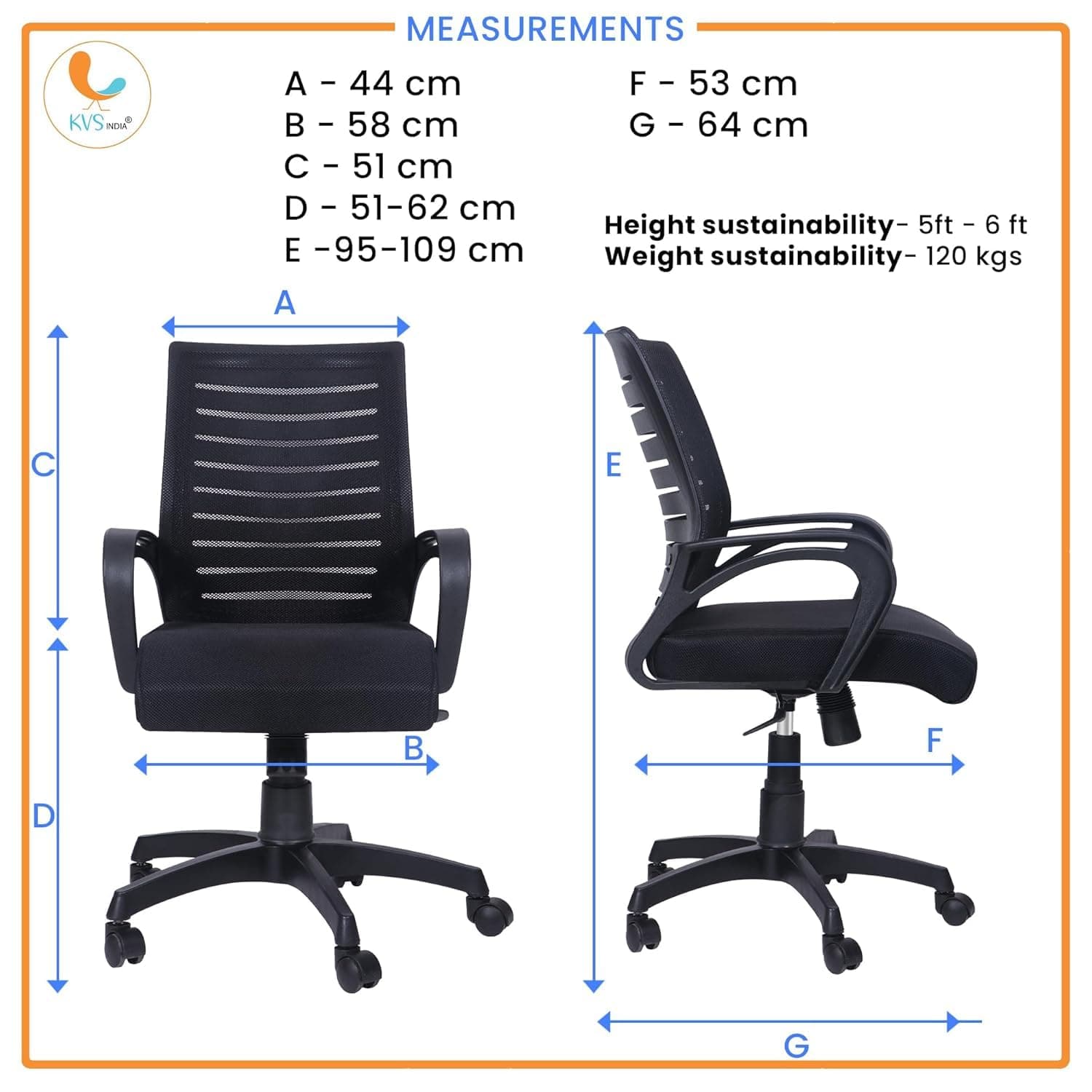KVS INDIA Desire Ergonomic Mid-Back Mesh Office Chair — Adjustable Height, Metal Base, 360° Swivel