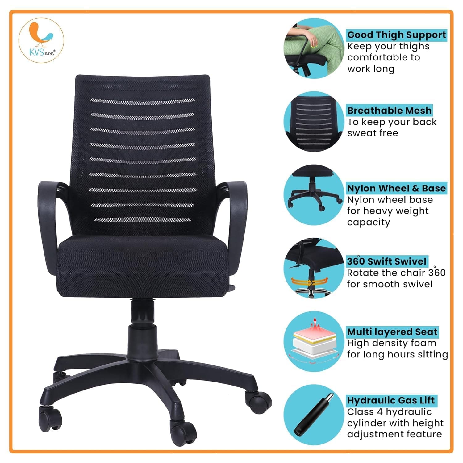 KVS INDIA Desire Ergonomic Mid-Back Mesh Office Chair — Adjustable Height, Metal Base, 360° Swivel
