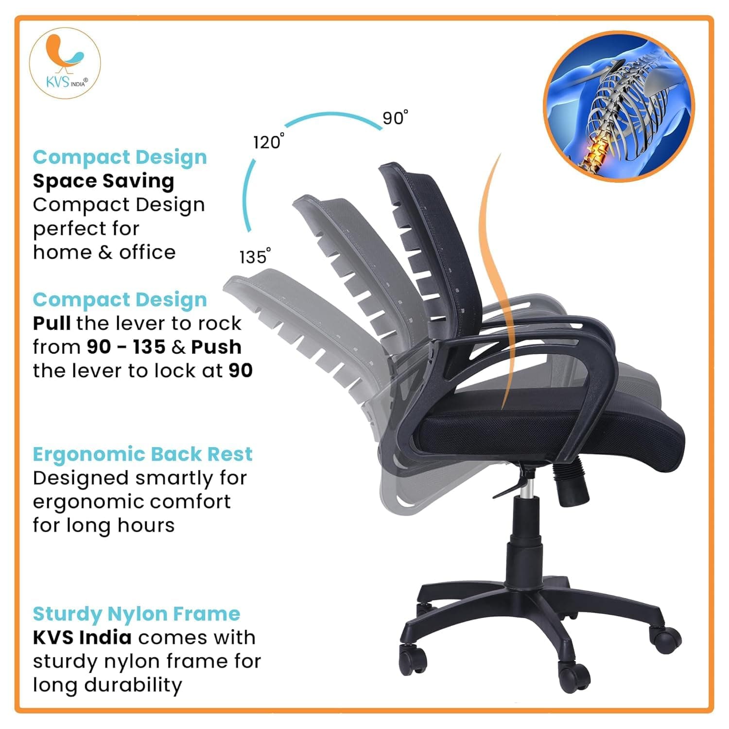 KVS INDIA Desire Ergonomic Mid-Back Mesh Office Chair — Adjustable Height, Metal Base, 360° Swivel