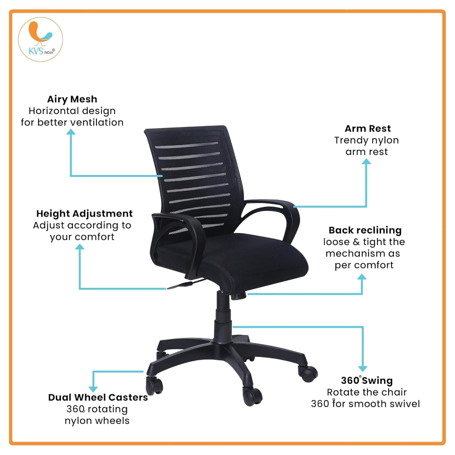 KVS INDIA Desire Ergonomic Mid-Back Mesh Office Chair — Adjustable Height, Metal Base, 360° Swivel