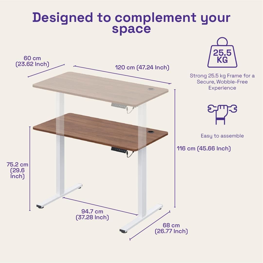 Wakefit Electric Height Adjustable Standing Desk — Digital Display, 4 Memory Presets, 5-Year Warranty