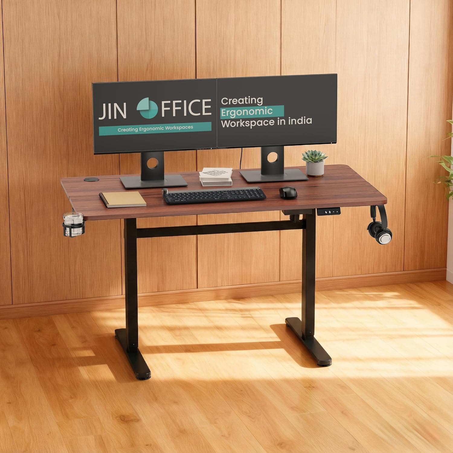 JIN OFFICE EcoSmart Electric Height Adjustable Standing Desk — 80kg Load, Cup Holder, 2-Year Warranty