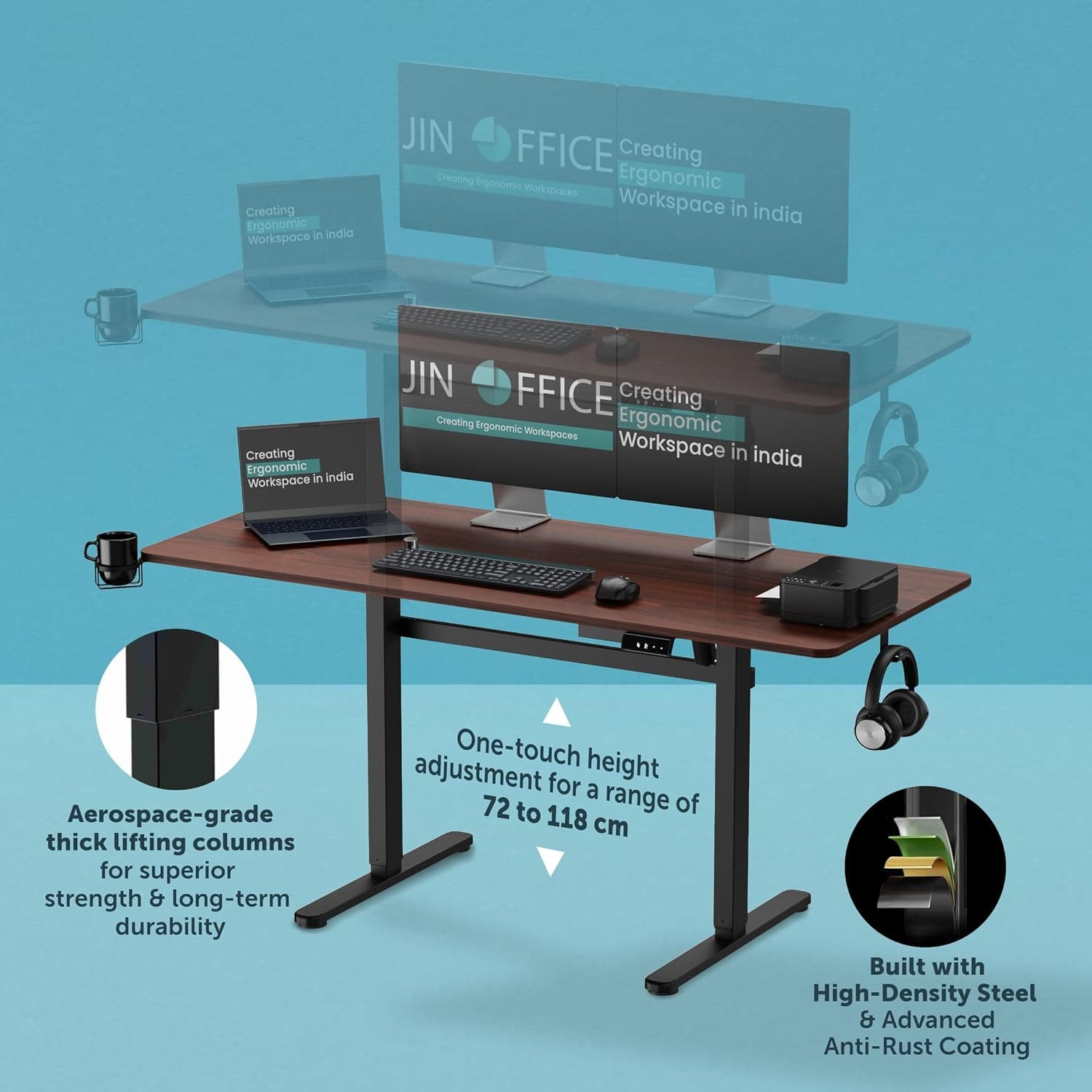 JIN OFFICE EcoSmart Electric Height Adjustable Standing Desk — 80kg Load, Cup Holder, 2-Year Warranty