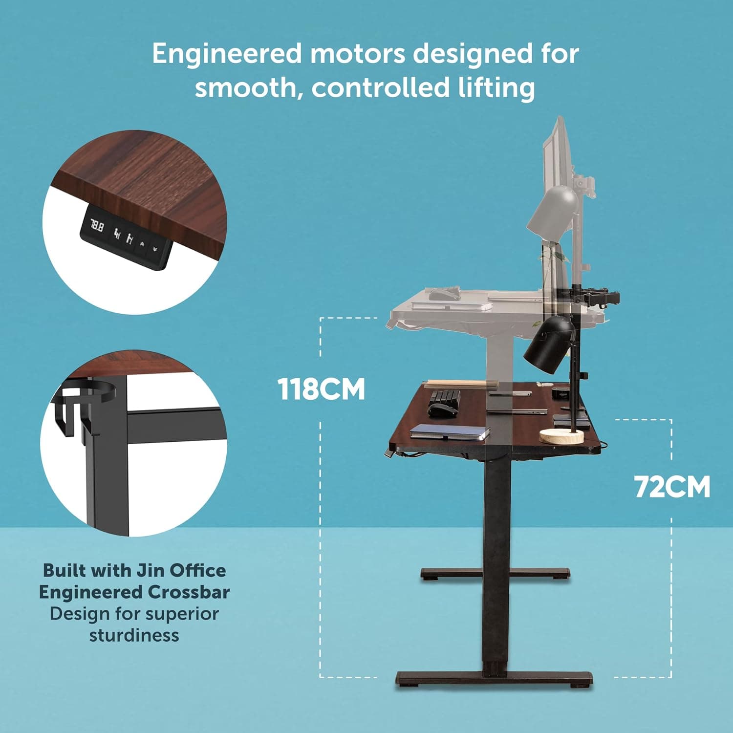 JIN OFFICE EcoSmart Electric Height Adjustable Standing Desk — 80kg Load, Cup Holder, 2-Year Warranty